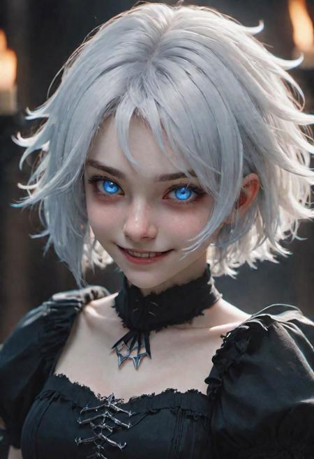 (masterpiece), 
1girl,
evil, demonic, 
dark ambiant,
white hair, blue eyes, floating hair, short hair,
upper body shot, 
HDR, highly detailed, 32k, 
(evil smiling) mood, 
perfect face feature,