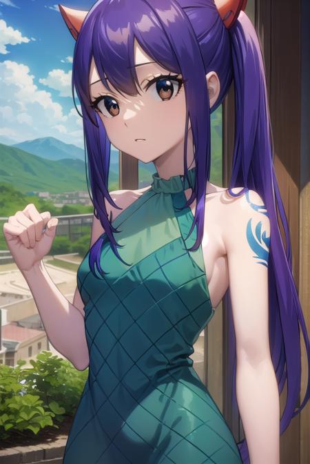 wendymarvell, <lora:wendy marvell-lora-nochekaiser:1>,
wendy marvell, long hair, (brown eyes:1.5), (blue hair:1.5), hair between eyes, twintails, red hair ornament,
BREAK dress, sandals, (green dress:1.5), bare shoulders, armband, tattoo,
BREAK outdoors, forest, nature, sky, sun, clouds,
BREAK looking at viewer, (cowboy shot:1.5),
BREAK <lyco:GoodHands-beta2:1>, (masterpiece:1.2), best quality, high resolution, unity 8k wallpaper, (illustration:0.8), (beautiful detailed eyes:1.6), extremely detailed face, perfect lighting, extremely detailed CG, (perfect hands, perfect anatomy),