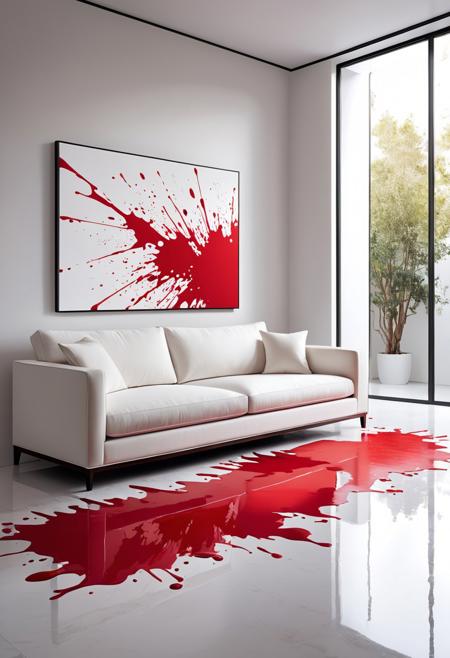 minimalist interior, white wall, large abstract red ink splatter as focal point, red ink splatter:1.3, dynamic texture, varying densities, texture:1.2, soft lighting illuminating white sofa below, soft lighting:1.0, modern minimalist design, modern:1.0, contrast between clean white walls and chaotic splatter, contrast:1.2, subtle shadowing on floor, shadow:0.8, neutral tones in room with bold red as only color accent, neutral:0.9, simple yet impactful composition, soft reflections from floor adding depth, reflections:0.8, splatter feels fluid organic, caught in motion, movement:1.1, style of jackson pollack
