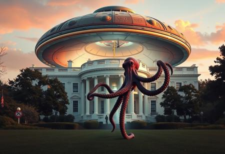 octopus in an astronaut uniform walking out of a giant conk shell UFO in front of the white house with mermaid runes on his ship, photorealistic, style of attack from mars