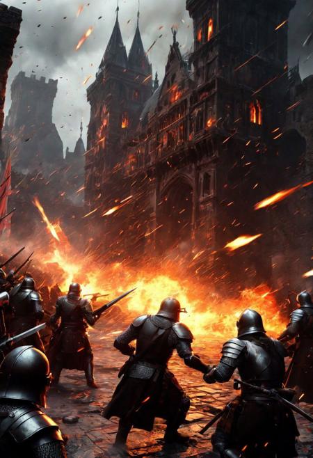 (Medieval army running in fear, Fireballs raining from the sky, electrical explosions hot the ground:1.6), The Last War, the dying, scream with their last breath. (cosmic galaxy effects radiating off the man, hints of red magic coloring:0.5), (electric magnetic field around its head, glowing magic around its head, electric arcs spreading out from its mind:1.2), (medieval setting, red aura and bright:1.2), dusty, hazy, (black aura, orange aura, dark and damning aura:1.3), (deep blacks, lightly grim:1.1), city interior walls,