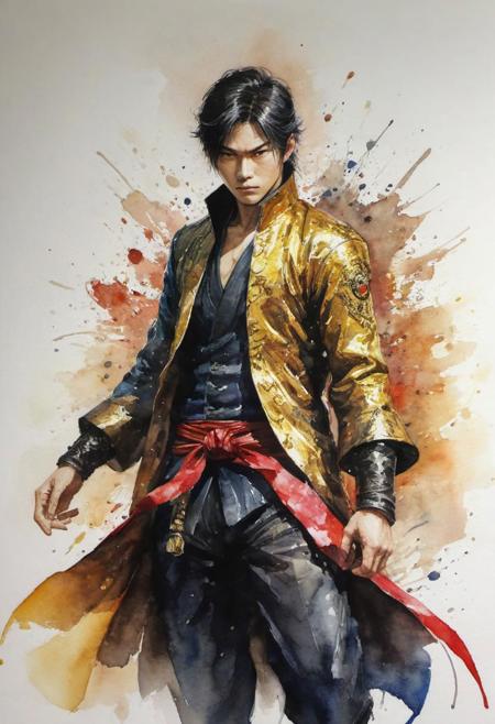 by Shotaro Ishinomori,  (shiny, artstyle-watercolor but extremely beautiful:1.4), (intricate details, masterpiece, best quality:1.4) , in the style of nicola samori, 
long hu men style 2D art, Vibrant, dynamic, arcade, 2D fighting game, highly detailed, reminiscent of long hu men series,, looking at viewer