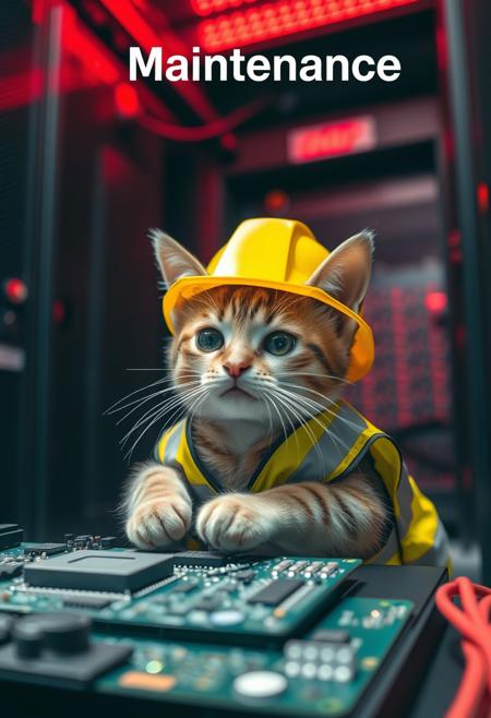 A small cat with a hard hat and high visibility vest is repairing a circuit board, the cat has a serious look in its eyes, background shows a server room with a red emergency lighting only, red ambient lighting, emergency lighting, (Text sign top of image saying "Maintenance":1.5).