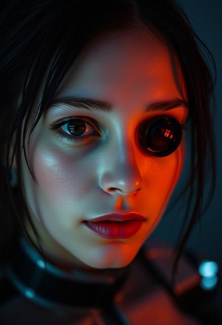 Yuri Shwedoff: A (cyborg:1.35 woman ) with (dark black void contact lens:1.5), created by Tony Conrad. The setting is Biopunk, featuring a shallow depth of field, vignette, (Fiber optic light painting), (Fujicolor Superia X-TRA 400:), (Light tracing), and (Dramatic lighting).