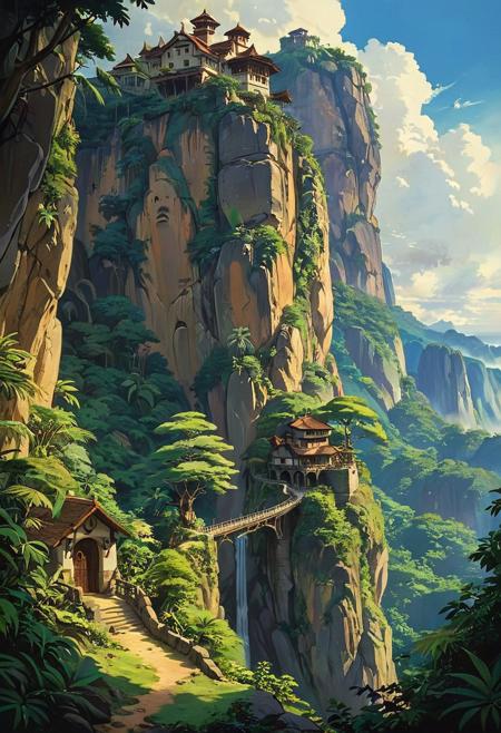 (studio ghibli drawing), (studio ghibli painting),best quality, masterpiece, extremely detailed,  professional  art,  professional painting, an extremely delicate and beautiful, dynamic,  great lighting, perfect shading, professional shading, depth of field,   side soft light, elegant, gorgeous, highly detailed,   full shot, uncropped,   pure genious, absolutely perfect,  highly detailed, breathtaking,  a gigantic and sheer cliff is towering over an dense and vibrant jungle, there is a base build into the cliff