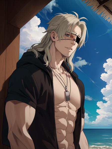 face,black-eyepatch,worick,male focus, 1boy,  dog tags, sky, day, cloud, outdoors, beach, pectorals, looking at viewer,ocean, muscular male,<lora:worick:1>, masterpiece, best quality,