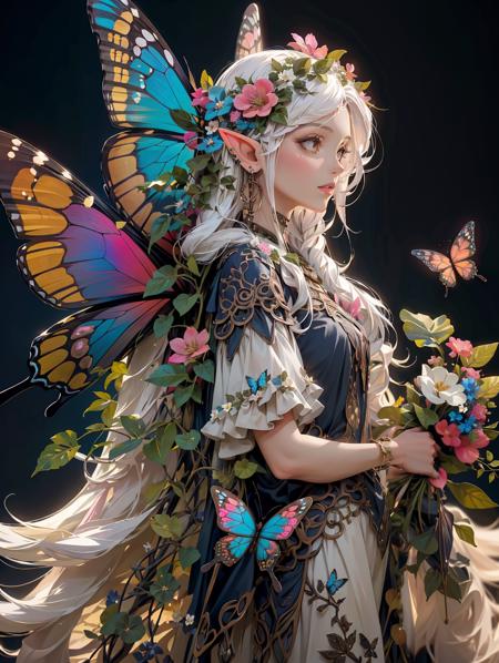 bj_Elf,1girl,solo,long_hair,white hair,hair_ornament,flower,earrings,wings,cape,bracelet,leaf,plant,butterfly,pink_flower,butterfly_wings((masterpiece)),Natural Scene,Surrounded by many flowers.,((best quality)),(realistic:1.2),(high detial, intricate details, hyper detailed:1.2),(8k uhd),<lora:bj_Elf:0.7>,