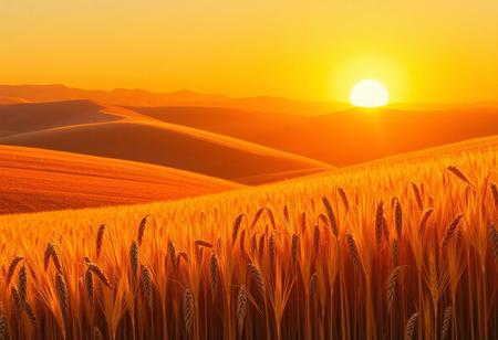 Warm golden hour sunlight casts a soft glow on rolling hills, where vibrant wheat fields stretch towards the horizon. Adolfo Fernandez Rodriguez's gentle illumination defines the terrain's contours. Crisp, textured wheat stalks stand tall, illuminated by Don Eddy's vivid brushstrokes. Doug Bloodworth's deep shadows add depth to the landscape, as the setting sun dips below the hills.
