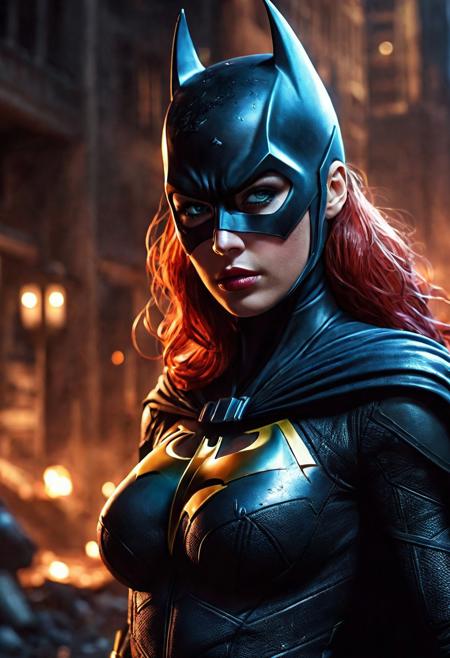 High resolution ultra-realistic of beautiful realistic Batgirl fighting against alien invasion, cinematic style, standing on a bloody and stormy battlefield in a fighting pose, bloody massacre, realistic modern combat costume, black mask, red cape, perfect athletic figure, wavy red hair, handsome dirty bloody face, beautiful perfect detailed pupils, wet oily shiny skin, covered in dirt and blood, beautiful firm Breasts, defiant and seductive, sexy 20 year old girl, 8k resolution concept art portrait by Greg Rutkowski, Dark Gotham City, realistic blue eyes, full body, Artgerm, WLOP, Alphonse Mucha, dynamic lighting, hyperdetailed, intricately detailed, Splash art trending on Artstation triadic colors, Unreal Engine, 5 volumetric lighting, Cinematic Lighting, intricate, smooth, sharp focus digital painting, Asymmetrical Balance, painting, dynamic lighting