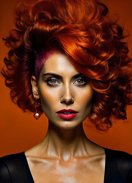 portrait of sks woman by Flora Borsi, style by Flora Borsi, bold, bright colours, orange Mohawk haircut, ((Flora Borsi)), <lora:locon_alisonbrie_v1_from_v1_64_32:1.3>