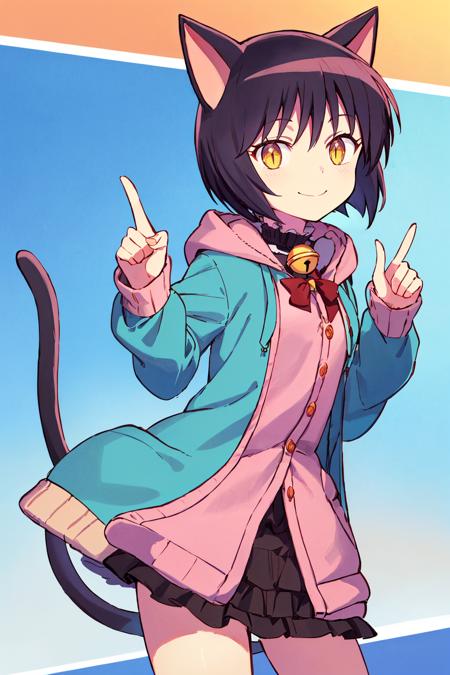 (masterpiece_1.3), (best quality_1.2),kuronekosuzu,1girl,solo,looking at viewer,petite,small_breasts,animal ears,cat ears,black hair,short hair,cat girl,bell,tail,cat tail,yellow eyes,slit pupils,neck bell,smile,pointing forward,hooded cardigan  pencil skirt   <lyco:GoodHands-beta2:0.5>   <lora:20_kuronekosuzu:0.8>