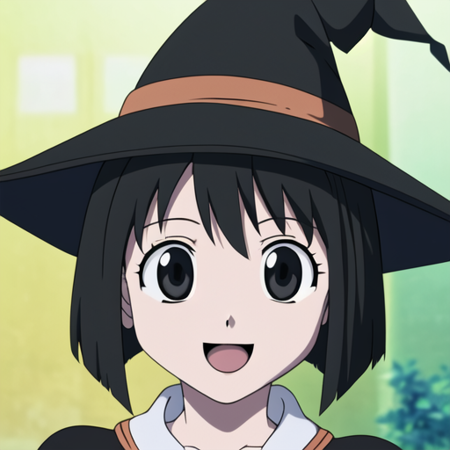 masterpiece, best quality, 1girl, kaorin, black hair, medium hair, portrait, looking at viewer, smile, open mouth, witch, witch hat, magic <lora:KaorinLoRA:0.9>