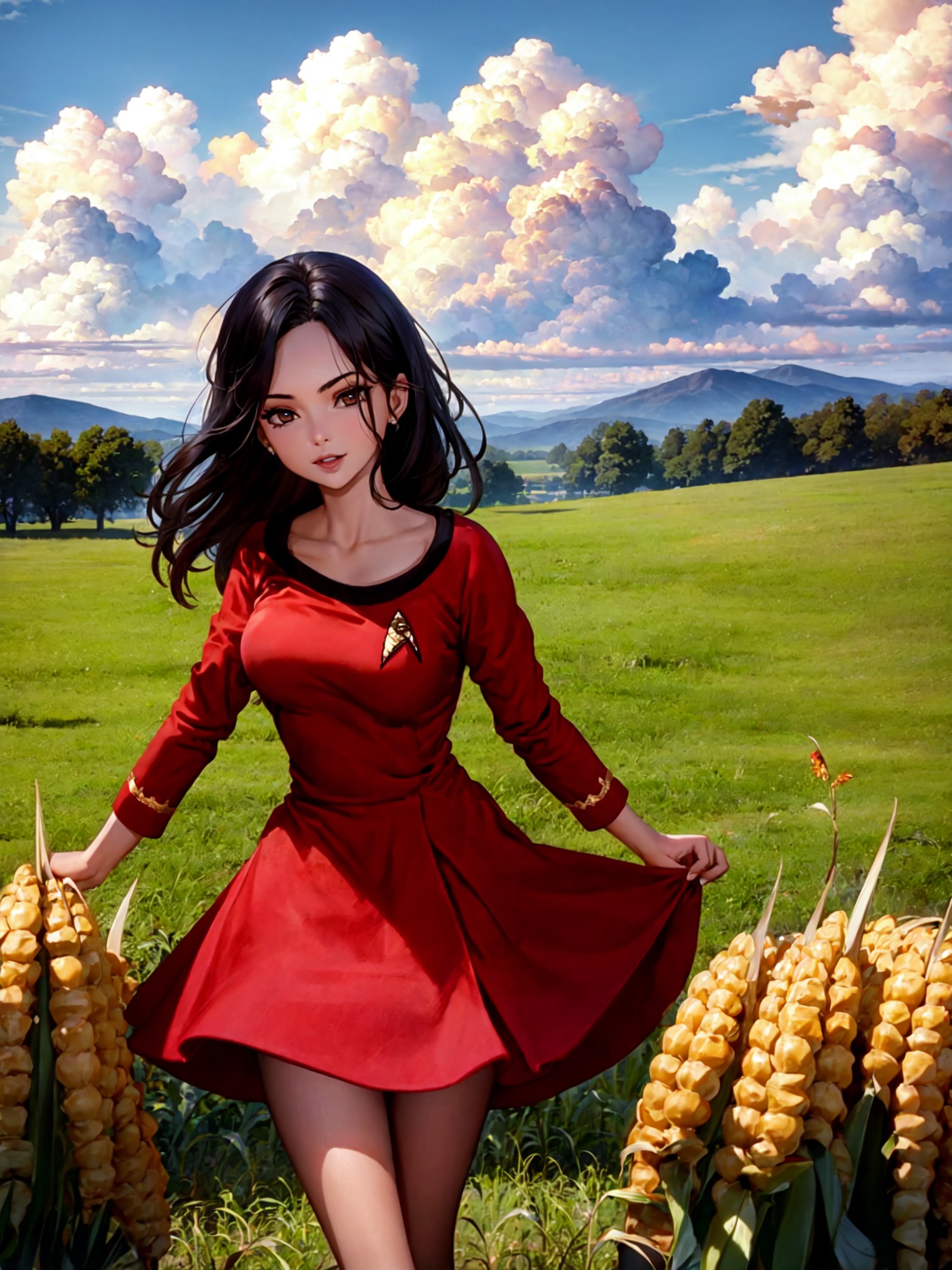 (red startrektos dress:1.3),(best quality:1.0), (ultra highres:1.0),1girl ,in a field of corn,shiny sky,clouds in shape of...