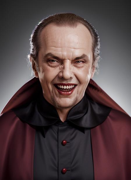 closeup portrait photo pinup of  jno1, man, wearing a ((dracula costume with cape)), open mouth with fangs, for magazine with studio lighting, simple background, white background   <lora:JackNicholsonOld:0.8>