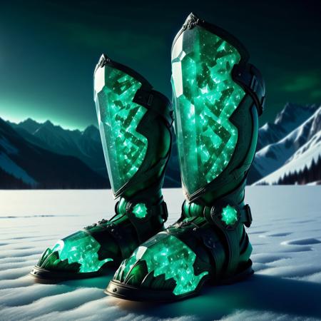 emeraldmorph armor greaves on snow, faint green glow, mountains in background, night, cinematic lighting