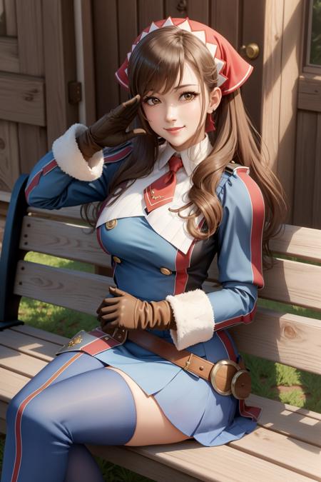 masterpiece, best quality, alicia melchiott, headdress, red necktie, military uniform, blue thighhighs, brown gloves, sitting, wooden bench, looking at viewer, smile, salute <lora:alicia-nvwls-v1-final:0.9>