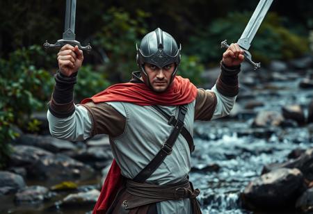 Ultra-realistic cinematic photograph of a male in detailed epic fantasy cosplay, featuring a metallic helmet with a closed visor, white and brown tunic, and a striking red cloak draped over their shoulders. The cosplayer is captured in a dynamic action pose, holding two swords aloft, one in each hand, ready for immediate combat. The setting is a natural environment with a rocky stream in the foreground and lush, vibrant greenery surrounding, creating a medieval ambiance. Emphasize Lifelike Details, Super Detailed Face and Eyes and Clothes, capturing the intricate textures and materials. High-res, 4K, Exceptional Quality, High Quality, Octane Render, Unreal Engine 5 lighting, Captivating Lighting, Well-timed Moment, Intentional Focus, Balanced Editing, conveying a powerful sense of readiness and adventure. Trending on ArtstationHQ for photorealism.