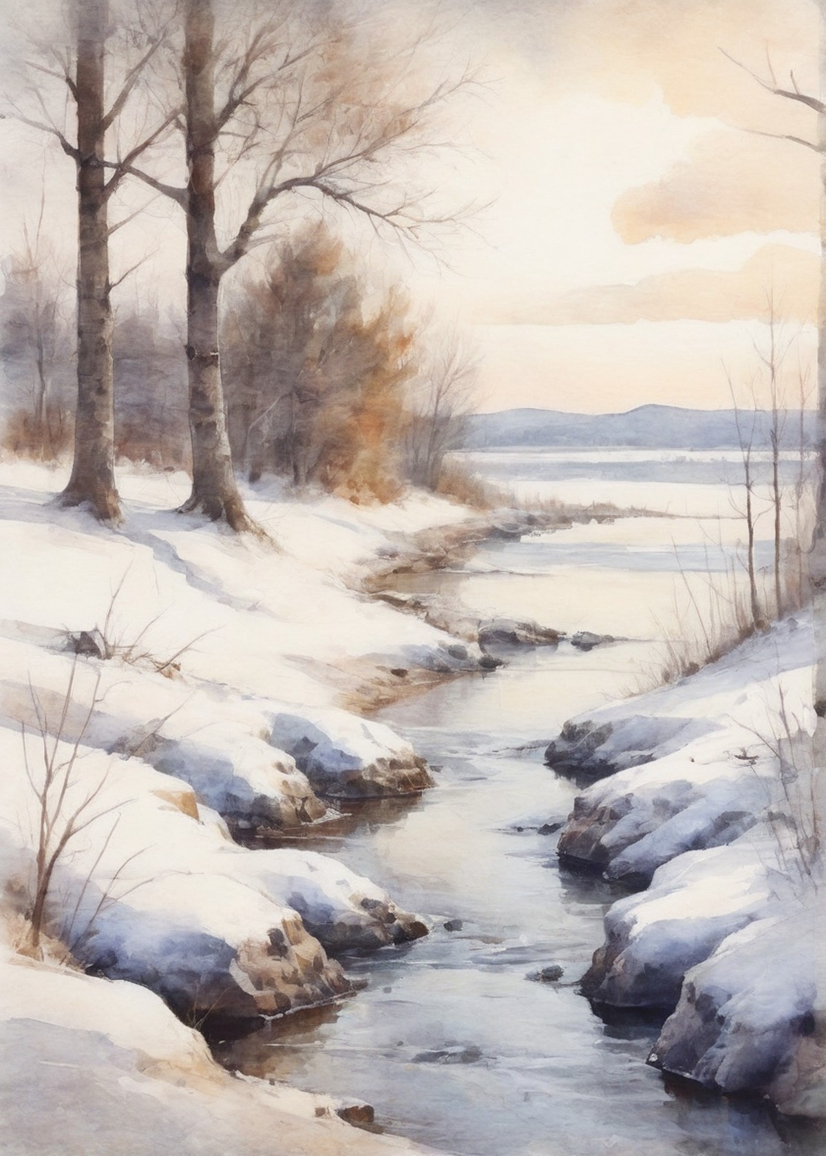 winter landscape watercolor painting of the Volga 