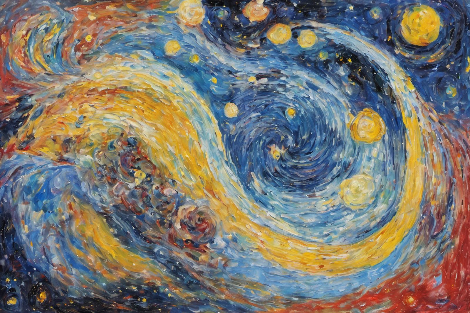 An artistic blue and yellow painting with bright stars and swirls.