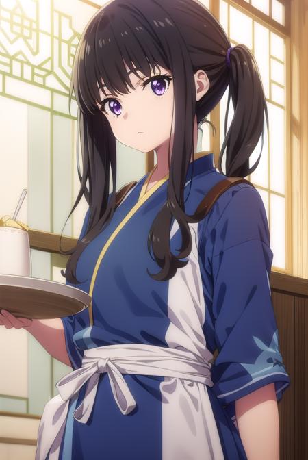 inoue takina, long hair, bangs, black hair, (purple eyes:1.2), inoue takina, long hair, bangs, ponytail, black hair, (purple eyes:1.2), inoue takina, long hair, bangs, twintails, black hair, (purple eyes:1.2), shirt, long sleeves, dress, ribbon, school uniform, white shirt, collared shirt, belt, neck ribbon, blue dress, green ribbon, pleated dress, grey dress, two-tone dress, blue belt, lycoris uniform, crop top, white socks, buruma, sports bra, sportswear, wristwatch, sports bikini, gloves, long sleeves, jacket, necktie, black gloves, collared shirt, belt, pants, vest, black jacket, black pants, formal, suit, red necktie, headset, black suit, earpiece, japanese clothes, kimono, apron, waist apron, blue kimono, waitress,