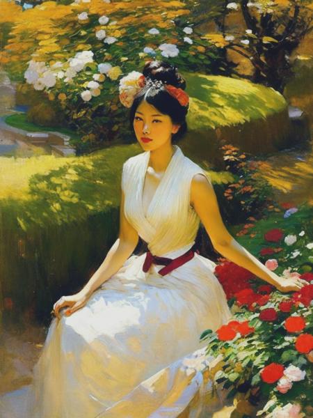 <lyco:LovisCorinth:1.0> a messy, impasto portrait of a seated, slim, 30 year old, very beautiful Japanese Korean woman wearing a lavish gown in a garden by Frank Brangwyn