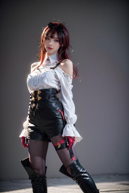 best quality, masterpiece, photorealistic, 1girl, solo, bangs, looking at viewer, cowboy shot, standing, arms at side, red hair, kafka cosplay costume, kafka, cosplay, eyewear on head, shirt, gloves, shorts, legwear under shorts, bare shoulders, off-shoulder shirt, off shoulder, thigh strap, purple pantyhose, long sleeves, asymmetrical boots, asymmetrical legwear, high heel boots, high-waist shorts, simple background, <lora:kafka_cosplay_costume:0.7>