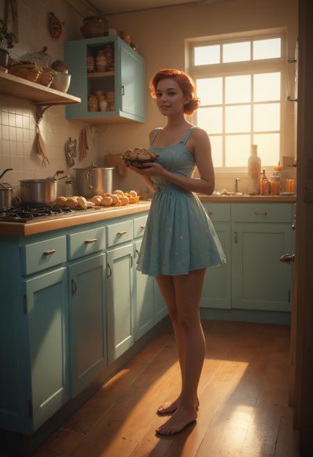 A woman with a smile on its face stands in the middle of an kitchen, surrounded by freshly baked bread and sweet treats