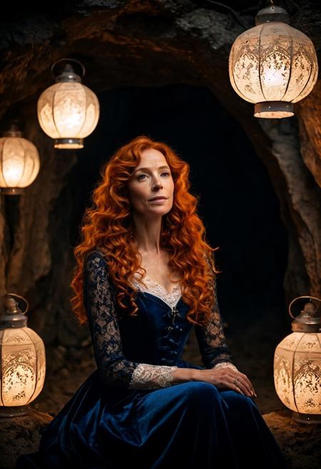 A night time photo of a beautiful woman, 50 years old, with long curly orange hair and freckles, wearing a dark blue velvet Victorian dress with white lace, sitting on a pile of bones in a dark cave lit by Victorian lanterns, full body view. in the style of ilya kuvshinov and range murata and artgerm. shallow depth of field, vignette, highly detailed, high budget, bokeh, cinemascope, moody, epic, gorgeous, film grain, grainy, dark shadows, DarkFantasy, photo, cinematic,