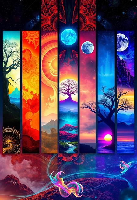 A digital cyberpunk art splash in the style of bo-cyborgsplash, a vibrant and mystical landscape depicted in a series of vertical banners, each featuring a different color palette, the first banner on the left shows a glowing tree with intricate patterns, the second banner features a swirling orange and red design, the third banner features an abstract landscape with a tree in the center, the fourth banner showcases a glowing blue planet in the sky, the fifth banner showcases an otherworldly landscape with distant mountains, the sixth panel showcases a distant landscape with trees and distant structures, the seventh panel showcases an ocean scene, the eighth panel features a mystical tree with vibrant colors, the ninth panel displays a stunning sunset landscape, the final panel features an ethereal landscape with glowing elements, the overall effect is a mesmerizing and captivating image that exudes a sense of otherworldly beauty<lora:boFLUX Cyborgsplash.safetensors:1.0:1.0>