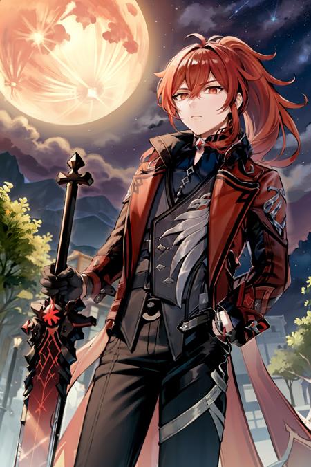 masterpiece, best quality,  <lora:diluc-3:1>,diluc (genshin impact), 1boy, long hair, red hair, red eyes, male focus, moon, gloves, night, solo, ponytail, sky, bangs, hair between eyes, night sky, official alternate costume, black gloves, long sleeves, pants, star (sky), sidelocks, starry sky, sword, weapon, full moon, closed mouth, coat, outdoors, vision (genshin impact), black pants, jacket