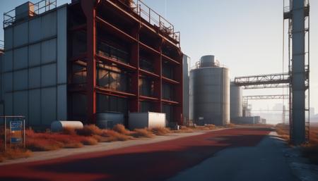 <lora:3DCyberpunkStyleXL:1.4> industrial, factory, pipelines, infrastructure, deserted, concrete, steel structures, clear sky, large storage tanks, road, power lines, outdoor, sunlight, shadows, simulation,  sandy terrain, dry grass, debris, day time,  artificial lighting, industrial complex, power facility, metal beams, rust, wear and tear,  no people,