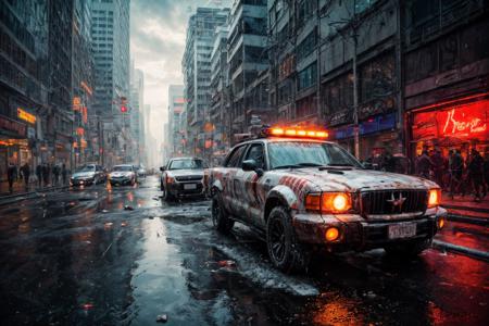 (RAW photo, 8k uhd, Analog style, Masterpiece, Best Quality, Highres:1.3), (dramatic, cinematic:1.2), BREAK,
movie shot of (ultra-detailed:1.1), (striped:1.3) (military:1.4) (cyberpunk:1.3) (battlecar:1.35) (armed with turret machine gun and grenade launchers:1.33) (rushing:1.3) through (cyberpunk city street:1.35), ((glossy:1.1) technological futuristic design:1.2), (drifting:1.3), (neon lights:1.1), (wet asphalt, reflections:1.2), (firing tires:1.35), (water splash, puddles:1.32), (debris:1.32), (steam:1.3), (frightened:1.1) (pedestrians:1.4), (bright day:1.15), (daytime:1.15) (cloudy sky, (rain:1.1):1.2), (skyscrapers:1.15), BREAK,
(photorealistic:1.2), (dutch angle:1.4), (light particles, colorful:1.2), (action movie scene, dynamic composition, fast, chasing:1.3), (motion blur, motion lines:1.3), (cyberpunk, science fiction, blockbuster, military vehicle, volumetric light:1.3), (daylight:1.2) (noir:0.5) (urban atmosphere, vehicle focus, cinematic tone, toxic, glowing, intricate, electricity, purple orange green color scheme, graffiti, (dust:1.1), no humans:1.2), BREAK,
<lora:more_details:1.0>,
<lora:zoom_slider_v1:2.0>