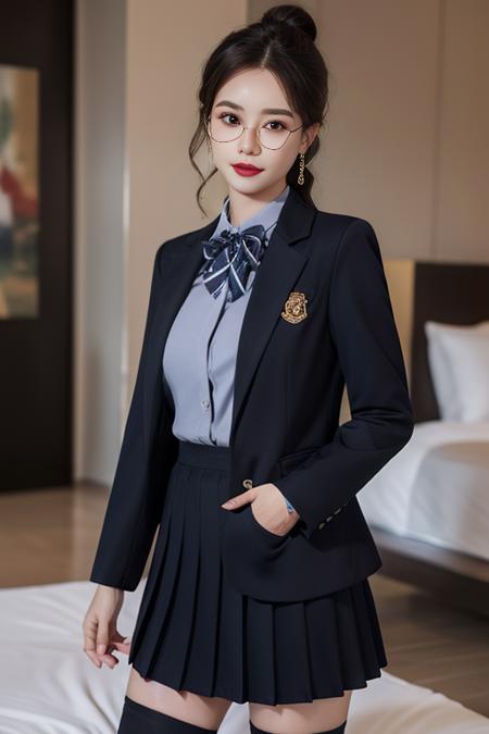 ultra-detailed,highly detailed,best quality,masterpiece,illustration,realistic,
school uniform, 1girl, solo, cowboy shot, 
collared shirt,striped bowtie, blazer, jacket, long sleeves, pleated skirt,buttons,badge, thighhighs, high heels, 
indoors, photo background, blurry background, bed,
long hair, parted bangs, hair bun, semi-rimless eyewear, 
 <lora:school uniform_xzjk_v1_07:0.7>