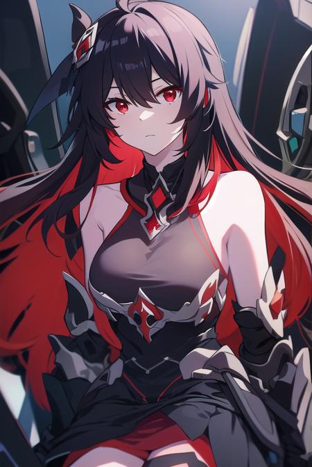 starchasm nyx, antenna hair, dress, hair between eyes, long hair, (red eyes:1.5), black hair, red hair, two-tone hair, gradient hair, hair ornament, bare shoulders, black dress, black footwear, boots, chain, dress, thigh boots, thighhighs,