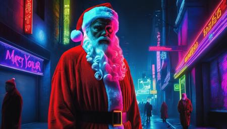 (Santa Claus) on the street, looking sad, blade runner aesthetic, christmas party, blacklight, neon lighting,