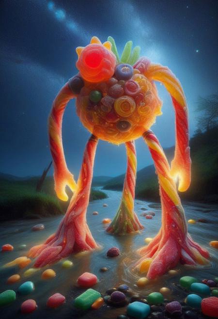 made of candy, -color- creature, at the crossing point of cosmic rivers, standing on 2 legs, masterpiece, best quality, highly detailed, sharp focus, dynamic lighting, candy