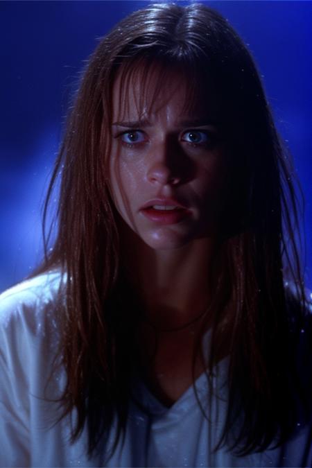 a still frame of JLH3witt in a movie, a beautiful woman, rain, angry:0.3, face focus, [wet hair], dramatic blue lighting