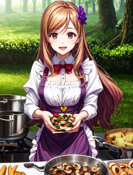 best quality, masterpiece, highres, detailed, digital artwork, <lora:Detail - add_detail:0.2>, QuelleSellier, two-tone hair, brown hair, purple hair, brown eyes, head flower, purple apron, frilled apron, cooking, excited, <lora:Character - QuelleSellier:0.6>, mushroom forest, heart-shaped apron,