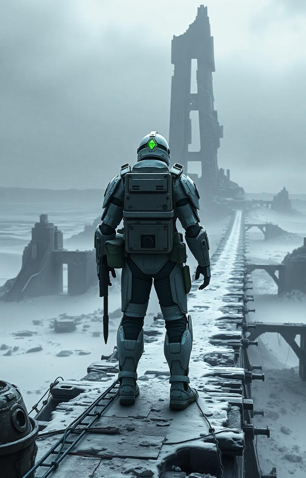 A lone warrior, encased in futuristic white armor, stands on the precipice of a ruined bridge, their silhouette stark against the backdrop of a frozen wasteland. The armor, adorned with intricate details and battle scars, reflects a history of conflict and survival. A single green light emanates from the helmet's visor, piercing the gloom of the overcast sky. The figure's heavy backpack, laden with survival gear, suggests a long and arduous journey. The desolate landscape stretches into the horizon, punctuated by crumbling remnants of a forgotten civilization. A towering, partially collapsed structure dominates the skyline, a silent testament to a lost world. Render this scene in a gritty, realistic style, emphasizing the textures of the weathered armor and the desolate environment. The overall atmosphere should be one of solitude, resilience, and the quiet dignity of survival. Use a desaturated color palette to enhance the sense of bleakness and despair.