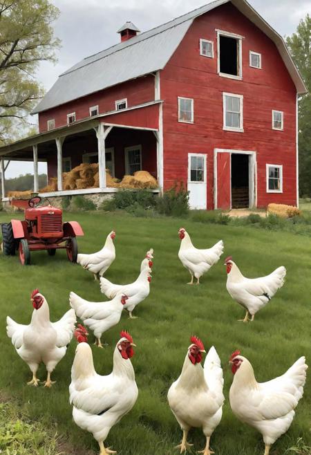chickens in a field, vintage red farmhouse, big rustic antique farmhouse