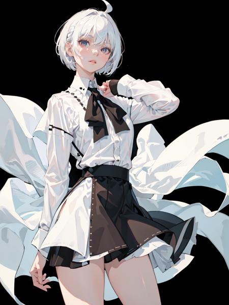 ((masterpiece, best quality)), (1girl), (solo), (female focus), (ahoge, white hair, short hair), black eyes, ((white shirt), (buttoned shirt)), ((black skirt), (short skirt)), standing, white background, arms behind back,