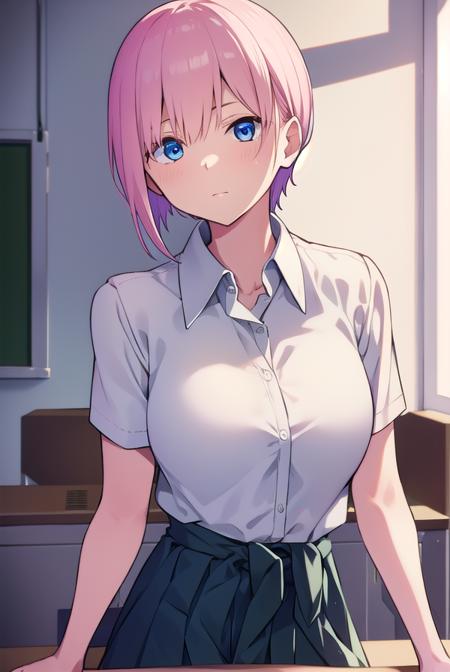 ichikanakano, <lyco:ichikanakano-LYCORIStest:1>, ichika nakano, short hair, bangs, blue eyes, hair between eyes, pink hair,
BREAK skirt, shirt, school uniform, white shirt, short sleeves, pleated skirt, shoes, socks, collared shirt, black footwear, sweater, white socks, green skirt, loafers, clothes around waist,
BREAK indoors, classroom,
BREAK looking at viewer, BREAK <lora:GoodHands-vanilla:1>, (masterpiece:1.2), best quality, high resolution, unity 8k wallpaper, (illustration:0.8), (beautiful detailed eyes:1.6), extremely detailed face, perfect lighting, extremely detailed CG, (perfect hands, perfect anatomy),