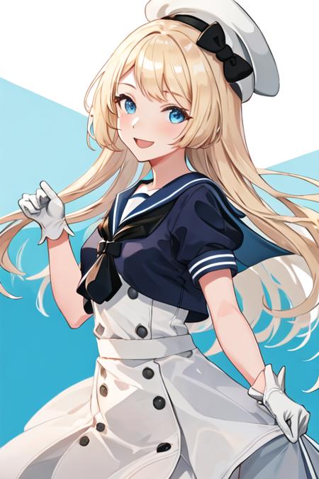 best quality, masterpiece, highres, solo, {jervis_kantaicollection:1.15}, blonde_hair, long_hair, blue_eyes, hat, white_headwear, sailor_hat, smile, open_mouth, 1girl, blue_sailor_collar, dress, gloves, looking_at_viewer, sailor_collar, sailor_dress, simple_background, white_background, white_dress, white_gloves, one_eye_closed, short_sleeves, cowboy_shot, upper_body, v