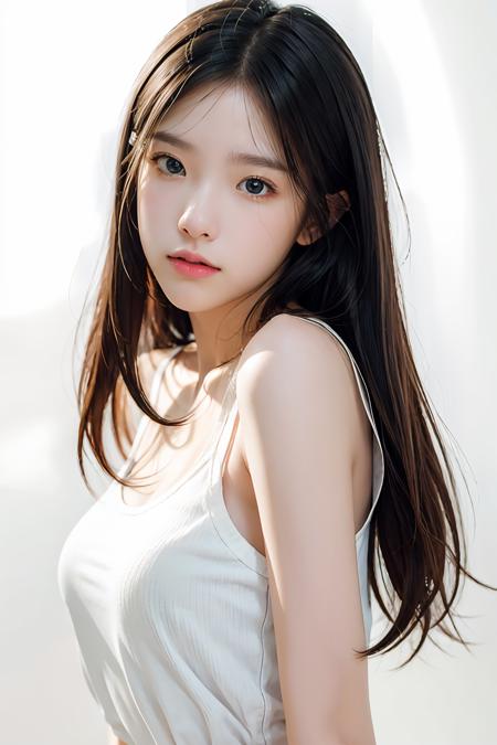 1girl, long hair, White top, (white background:1.2), from front, standing, (soft lighting:1.2), shot on Canon EOS 5D, BREAK
(upper body:1.2), , best quality, ultra high res, (photorealistic:1.4), masterpiece, real life skin, hyper real, perspective, detailed beautiful eyes and detailed face,  <lora:GumporV1-02:1.2>