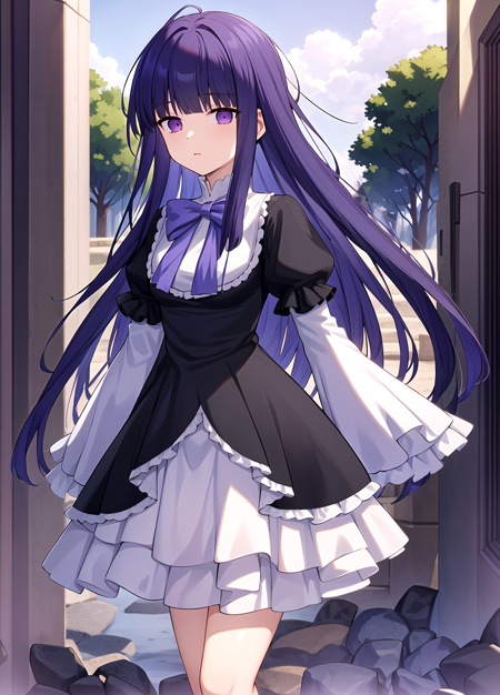 masterpiece, best quality, highres, frederica bernkastel, outdoors, long hair, blue hair, blunt bangs, standing, purple eyes, bowtie, frills, black dress, puffy sleeves, short over long sleeves, long sleeves, legs, <lora:Frederica Bernkastel anylora8ep40r50r80r-000006:0.7>, , 