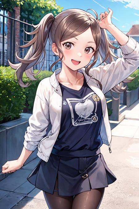 <lora:Cynthia:0.8>,smile,open mouth,cynthia,brown hair,twintails,t-shirt,jacket,skirt,pantyhose,outdoors,(masterpiece, best quality, ultra-detailed, best shadow)