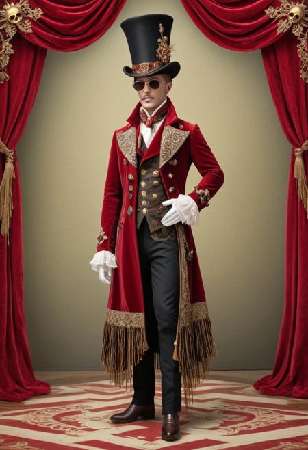 Valentine,
Steampunk character in a floor-length velvet coat, gold tassels, embroidered snowflakes, leather top hat with skull emblem, red-and-white striped details, ruffled scarf, and feathered accents.  Cast bronze surface, vibrant complimentary colors, antique patina finish, contrasting colors, balanced tones.