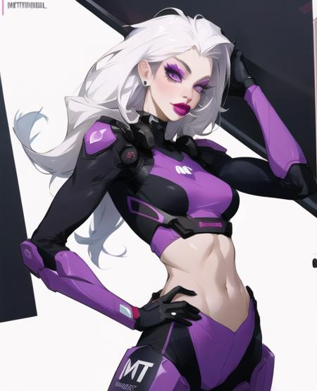 <lora:CartoonSeason1:1>,1girl, solo, midriff, long hair, white hair, lipstick, genderswap \(mtf\), purple eyes, breasts, makeup, genderswap, navel