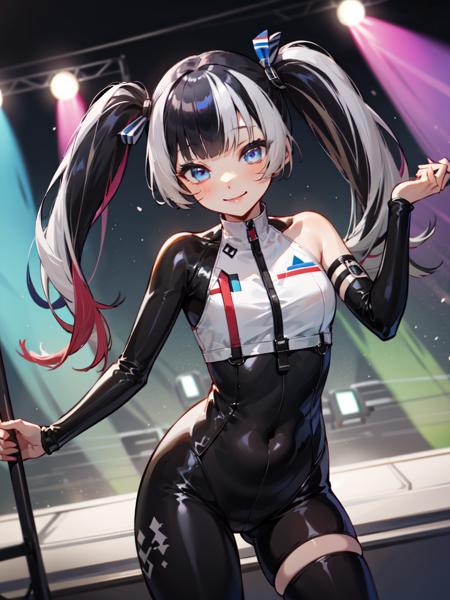 juufuutei_raden, hololive, 1girl, solo,
black_hair, long_hair, blue_eyes, twintails,multicolored_hair, 
cute, 
looking_at_viewer, smile, 
bodysuit, 
stage, stage_lights, stage_curtains,