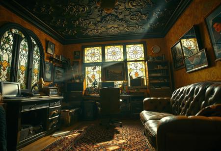 (ANTIQUE, NOSTALGIC, VINTAGE, RETRO THEMED DECOR), (Captured with a Hasselblad medium-format camera with a 50mm Zeiss lens at f/1.8), Sharp Focus. (Dynamic Random Angled Shot), (Layered Foreground), (Fluorescent Lighting) with (Stark Contrasting Shadows), (cluttered detailed home office), Light-Rays, [Ornate Stained Glass Windows], Retro Desk, (weathered leather desk chair, retro sofa), hoarder's paradise, hoarded vintage technology all over, (richly painted bright textured walls, dark embossed ceiling), (Creative Light Source), [Extremely Subtle Glowing Light], ZOOM-OUT,